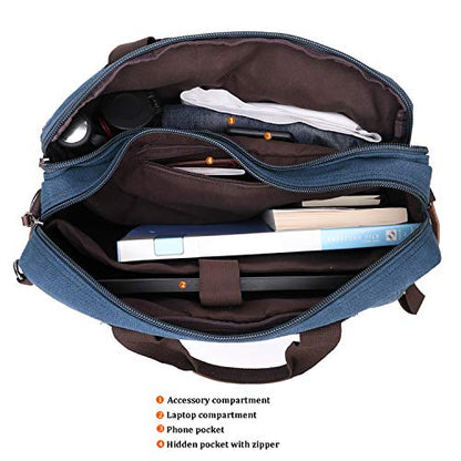 CROCOD 3 In 1 Canvas Convertible Laptop Bag for Men Women, 17.3 inch Laptop Messenger Bag Work Briefcase, Computer Shoulder Bag for Travel Business Office (17.3 Inch, Blue) | 3 In 1 - color: Blue
