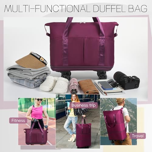 VOOWO Duffel Bag with Wheels - Rolling Foldable Expandable Duffle Bag with Wheel for Travel, Rolling Luggage Bag Carry On Travel Bag with Wheels, Large Wheeled Overnight Weekender Bags (Deep Purple) - color: Deep Purple