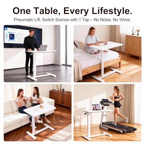 Overbed Table with Pneumatic Height Adjustment, Hidden Casters Rolling Bedside Table, Hospital Bed Table Mobile Laptop Standing Desk for Hospital Home Use, White