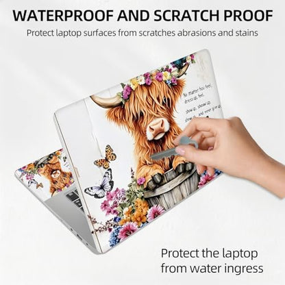 Highland Cow in Flower Bucket Floral Universal Laptop Skin Sticker 3PCS, Protective Decal Trim-to-Fit 11.6" 13.3" 14" 15.6" Laptop Vinyl Cover, Removable Anti-Scratch Computer Decal Protector - color: Highland Cow in Flower Bucket Floral