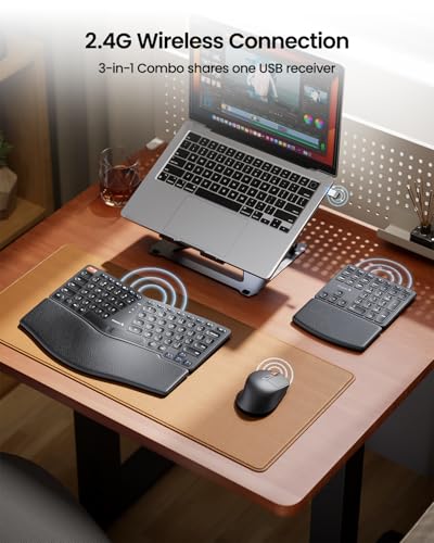 ProtoArc EKM04 2.4GHz Wireless Ergonomic Keyboard Mouse Combo - Black | Separate Numeric Keypad, USB Receiver, Split Design, Hard Wrist Rest, Rechargeable, for Windows Desktop/PC/Laptop
