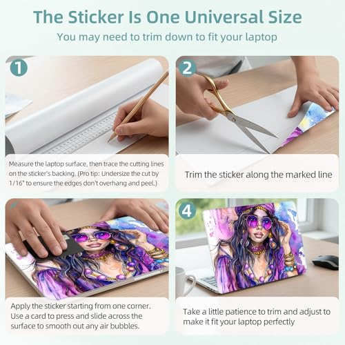 Universal Laptop Skin Decal, 3-Piece Vinyl Protector for 12 13 14 15.6" Notebook, Waterproof Anti-Scratch, Easy Trim & Bubble-Free Finish, Elegant Young Hippie Woman in Purpl - color: Elegant Young Hippie Woman in Purpl