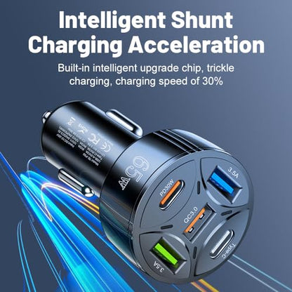 Super Fast Charging USB-C Car Charger Adapter, 65W 5-in-1 Multi-Port PD30W & QC3.0 Cigarette Lighter USB Charger for iPhone/Android/Samsung/iPad Pro (Black) - color: Black