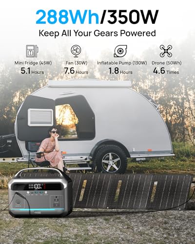 Portable Power Station 350W with 40W Foldable Solar Panel, 288Wh LiFePO4 Battery Solar Generator,110V/600W Surge Backup,Outdoor Power Bank for Hurricane Emergency,RV,Camping,Laptops,Off-Grid living - color: Black