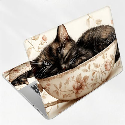Cozy Teacup Cat Universal Laptop Skin Sticker 3PCS, Protective Decal Trim-to-Fit 11.6" 13.3" 14" 15.6" Laptop Vinyl Cover, Removable Anti-Scratch Computer Decal Protector - color: Cozy Teacup Cat