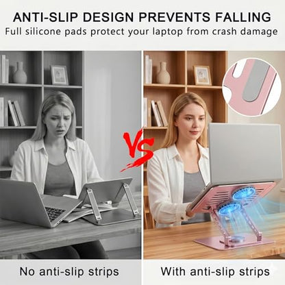 Laptop Stand with Cooling Fan, 360° Rotating Base Aluminum Laptop Riser, Foldable Ergonomic Computer Stand for Desk, Height Adjustable Notebook & All Laptops Up to 17.3" (Pink) - color: Pink