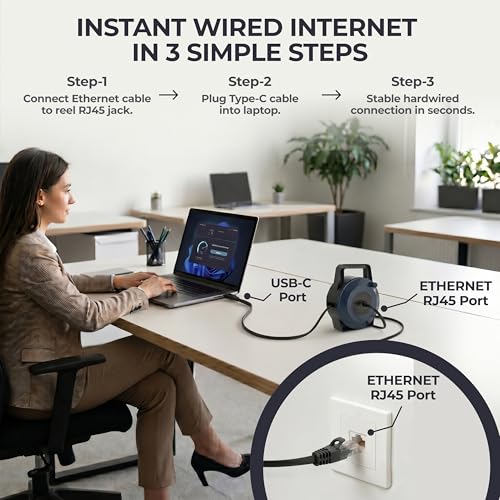 USB-C (Type-C) to Ethernet Cable Reel, 50Ft (15M) CAT6 Tough-Flat™, Up to 1 Gbps, Plug & Play, Truck-Pass Safe, Retractable Cable for Temporary Setups