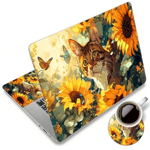 Laptop Skin Sticker Decal 12"-15.6" Universal Laptop/Notebook/Netbook Vinyl - Waterproof Scratch Resistant,Fits HP Dell Lenovo MacBook,2 Free Wrist Pads,Easy Apply & Remove,Cute Cat Sunflower - color: Cute Cat Sunflower
