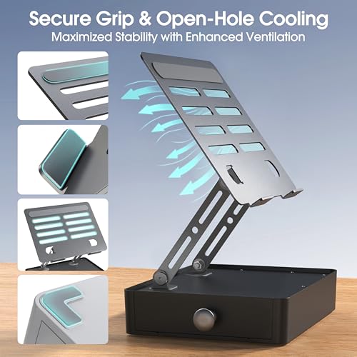 Laptop Stand with Storage Drawer, Heavy-Duty Metal Laptop Riser for Desk, Ergonomic Height & Angle Adjustment for 10–16.2″ Laptops, Gray - color: Gray