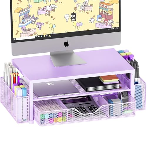 OPNICE Desk Organizer and Accessories, 2-Tier Computer Monitor Stand Riser with Drawer and 2 Pen Holders, Laptop Stand, Office Desk Accessories for Office Supplies, 1 Pack, Purple - color: Purple 1-Pack, size: Single
