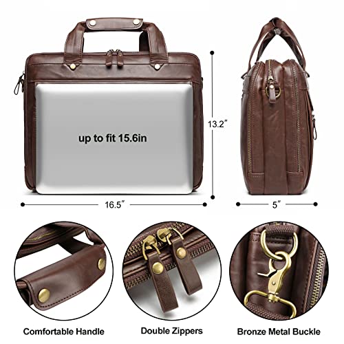 Bosidu Leather Briefcases for Men 15.6 Inch Laptop Messenger Bag with Triple Compartments Water-Resistant Computer Shoulder Bag for Business, Travel, Work, Office, Brown - color: Brown