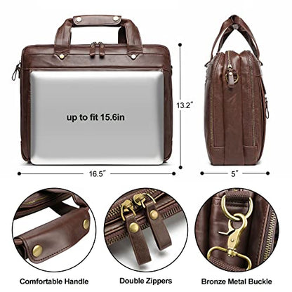 Bosidu Leather Briefcases for Men 15.6 Inch Laptop Messenger Bag with Triple Compartments Water-Resistant Computer Shoulder Bag for Business, Travel, Work, Office, Brown - color: Brown