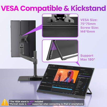 Upperizon Portable Monitor 16 inch 2K QHD 2560X1600 145% sRGB, 144Hz USB-C, 120Hz HDMI, Travel Monitor for Laptop MacBook PC Surface PS5 Xbox, External Display with Kickstand & Speaker VESA Compatible - size: 16 inch