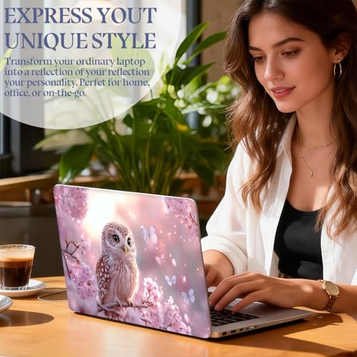 Universal Laptop Skin Sticker Decal,15.6 Inch Laptop Vinyl Cover for 13" 14" 15.6" Laptop,Scratch-Resistant Waterproof Protector Wrap,Reusable with Wrist Pads,Cherry Blossom Owl - color: Cherry Blossom Owl