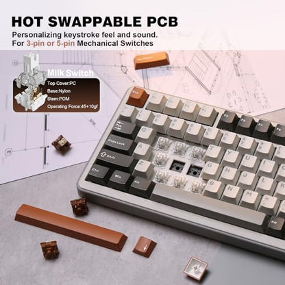 YUNZII B75 PRO Wireless Mechanical Keyboard(Milk Switch,Grey) Keynovo Gaming Mouse Pad(35.4'' x 15.7'', White Topographic)