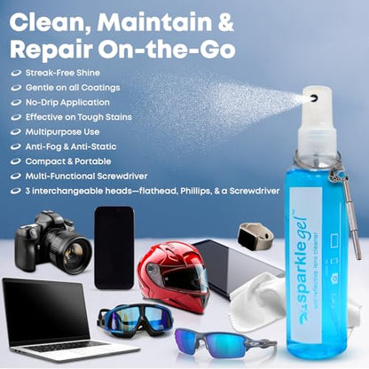 Sparkle Anti-Reflective Safe Gel Lens Cleaner & Repair Kit – (2) 2oz Glasses Cleaner Spray, (2) Microfiber Cloth & Keychain Screwdriver for Eyeglasses, Lenses & Screens (5 Piece Set) - size: 2 Fl Oz (Pack of 2), style: 2x2oz Lens Spray + 2 Microfiber Clot