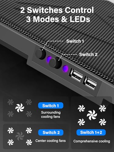 Kootek Laptop Cooling Pad Cooler Stand with 5 Quiet Fans for 12"-17" Laptop | 5 Fans, USB Powered, Laptop Cooling Stand with 2 USB Hub, 6 Adjustable Height, 360° Cooling Coverage, Anti-Slip, Purple LED - color: Purple