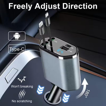 1Pc 120W 4-in-1 Telescopic Car Charger with 180° Rotating Base, 2.6 Feet (79.25Cm) Multi-Protocol Transmission Cable (PD, QC3.0), USB Type-C, Fast Charging Adapter Compatible with iPhone and Andorid