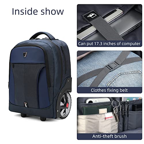 Rolling Backpack, Waterproof Backpack with Wheels for Business, Travel Commuter, Carry on Backpack with Laptop Compartment, Fit 15.6 Inch Laptop, Wheeled Backpack for Adults Women Men (Blue, 20inch) - color: Blue