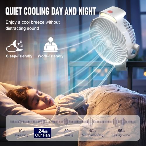 8-Inch Rechargeable Clip on Fan, 10000mAh Portable Camping Fan with LED Light, 9-Speed Ultra Quiet Airflow, 30H Runtime, 360° Rotating Desk Fan for Golf Cart, Bedroom, Office, Dorm, White - color: White