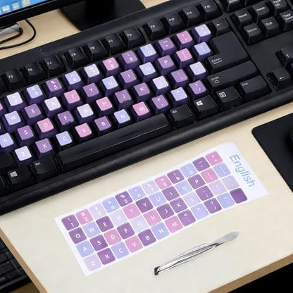 2pcs English Keyboard Stickers Laptop with Tweezer Universal Replacement English Laptop Keyboard Stickers Purple Background with White Lettering Sticker for PC Computer Desktop