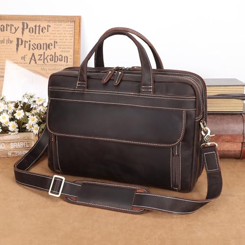Masa Kawa Leather 15.6" & 17" Laptop Briefcase Men Business Messenger Bag | Full Grain Cowhide Business Travel Office Work Crossbody Shoulder Professional Attache Case for 2 Computers - color: Brown-fits 15.6" Laptop