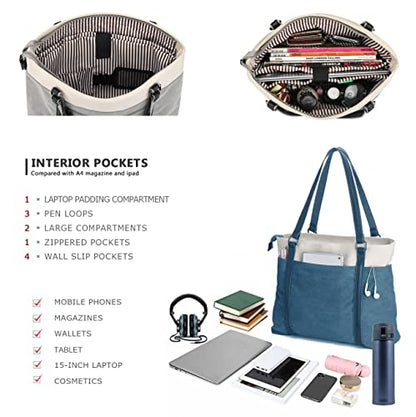 Laptop Tote Bag for Women, 15.6 Inch Work Bag with Laptop Compartment and Zipper, Canvas Computer Tote for Teacher - color: Blue