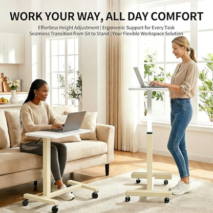 Adjustable Overbed Table with Wheels, Pneumatic Height Lift Rolling Bedside Table, Standing Desk for Home & Office Use, Ideal for Seniors & Limited Mobility(White) - color: White