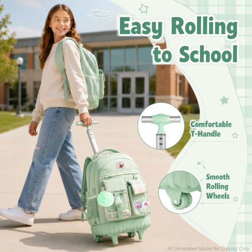 AGSDON Rolling Backpack for Girls, 21" Women Roller Wheels Bookbag, Laptop Wheeled Suitcase School Backpacks with Lunch Bag for Teens - color: Square Green