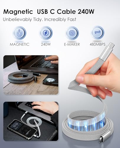 Magnetic USB C to USB C Cable, 240W/5A Coiled Fast Charging USB Type C Charger Cable Braided for iPhone 15/15 Plus/15 Pro/15 Pro Max, MacOS Pro, Pad Pro, Samsung Galaxy S24/S23/S22 Ultra 5FT | Self Winding USB Type C Charger Cable Braided for iPhone 17 16