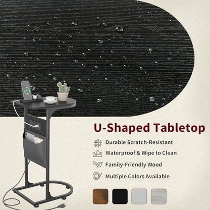 C Shaped End Table with Charging Station, Small Side Table for Couch, C Table Slides Under Sofa with Storage Bag, TV Tray Table for Recliner, Living Room, Bedside, Bedroom, Small Spaces, Black - color: Charging Station Black