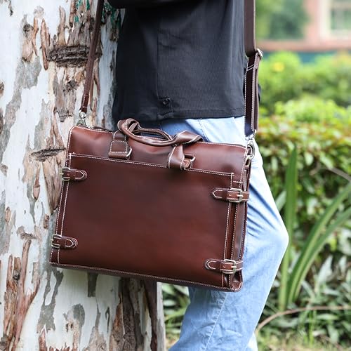 Leather Laptop Briefcase for Men - Classic Brown, 3 Zipper Pockets, 2 Spacious Compartments, Fits 16-inch Laptop (16x12x4 inches), Adjustable Strap