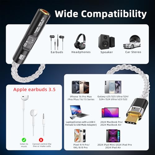 USB C to 3.5mm Audio Adapter with Dual Chip CX31993 MAX97220 DAC & HiFi Amplifier, 8-Strand 4N Single Crystal Silver-Plated Copper Cable,USBC to Headphones Aux Dongle for Android iPhone PC Mac (Black) - color: Black