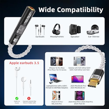 USB C to 3.5mm Adapter with Dual Chip CX31993 MAX97220 DAC Amplifier | Hi-Res DAC Adapter with 8-Strand 4N Single Crystal Copper Silver-Plated Cable, USB C to aux for Android iPhone PC Mac(Grey) - color: Grey