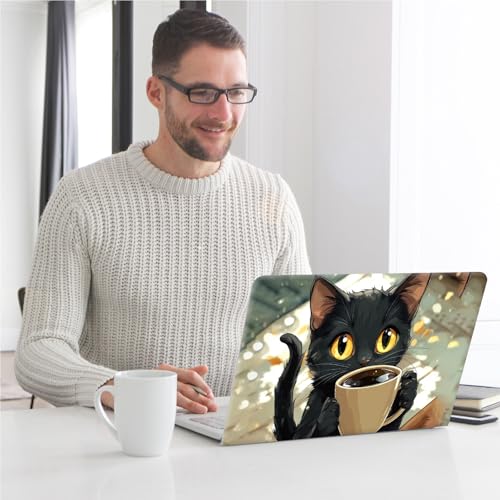 Universal Laptop Skin, DIY Cut-to-Fit Vinyl Cover Compatible with HP, Dell, Lenovo, Mac (13.3" to 15.6"), Anti-Scratch, No Residue & Bubble-Free Protective Decal Sticker, Cute Black Cat Coffee - color: Cute Black Cat Coffee