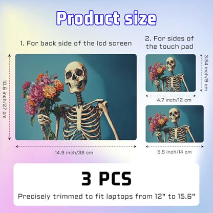 Universal Laptop Skin Sticker Decal, Compatible with MacBook HP Dell Lenovo 12"-15.6", Reusable Vinyl Notebook Cover 3PCS Set, High-Recognition Film-Skeleton Holding Flowers - color: Skeleton Holding Flowers