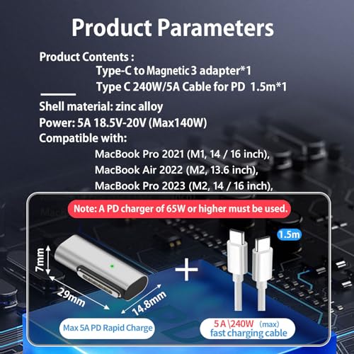 USB C to Magnetic 3 140W Charging Adapter Safe 3 Compatible with MacBook Pro 2023 (M2, 14/16 inch), MacBook Air 2022 (M2), MacBook Pro 2021 (M1, 14/16 inch) with 240W USB C Cable (1.5M) - size: Magnetic 3 90 Degree