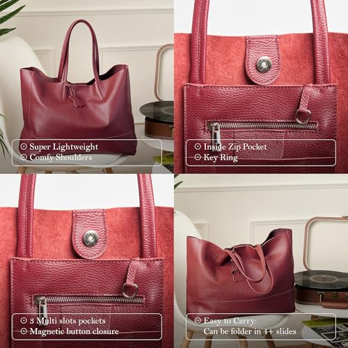 Italian Leather Tote Bag for Women - Large Shoulder Shopper, Fits 16” Laptop, Keychain Holder, Made in Italy - color: Burgundy