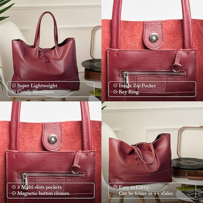 Italian Leather Tote Bag for Women - Large Shoulder Shopper, Fits 16” Laptop, Keychain Holder, Made in Italy - color: Burgundy