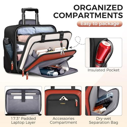 Ytonet Rolling Briefcase for Women with Lock, 17.3 Inch Carry On Laptop Bag with Wheels, 15.6 In Travel Backpack with 4 Spinner Wheels, Carry On Rolling Laptop Bag with Det