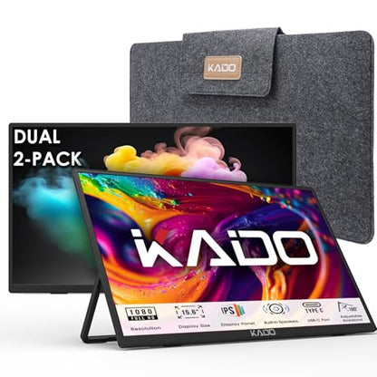 Kado Dual Portable 2-Pack 15.6'' FHD 1080p Ultra-Slim Laptop Monitor | 1920x1080 IPS Display with Built-in Speakers, 180° Kickstand Stacked Desktop Setup Office Gaming Daytrading Multi-tasking