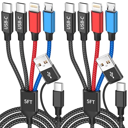 4 in 2 Multi Charging Cable, USBA/C Charging Cords for Multiple Devices | Dual Type-C Ports Phone Charger Cord, Universal Travel Charger for iPhone17-12/Androids/Pad, Car, Camping and More, 2Pack 5FT - color: Multicolored, size: 2Pack 5FT