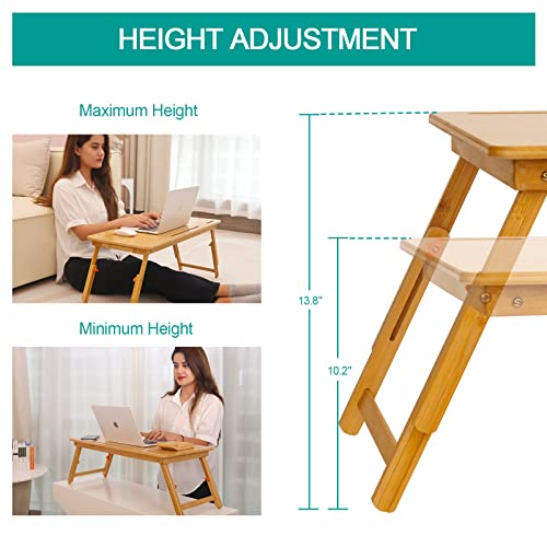 Lap Desk COIWAI Laptop Table Bamboo Writing Eating Bed Tray Adjustable Angle Height Foldable Desk Tray with Tablet Slot Drawer Breakfast Coffee Tea Table for Sofa Couch Floor Large Size - size: 28.8" *13.4" Height&Angle adjust