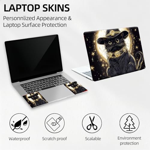 Black Cat with Moon Magic Universal Laptop Skin Sticker 3PCS, Protective Decal Trim-to-Fit 11.6" 13.3" 14" 15.6" Laptop Vinyl Cover, Removable Anti-Scratch Computer Decal Protector - color: Black Cat with Moon Magic