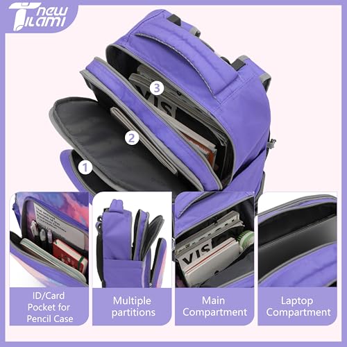 NEW TILAMI 18 Inch Rolling Backpack with Lunch Bag for Girls Boys School | 6-Wheel Stair-Climbing Girls Boys Carry-on Suitcase Water-Resistant Adjustable Trolley Handle Wheels School Travel Camping - color: Purple Sky