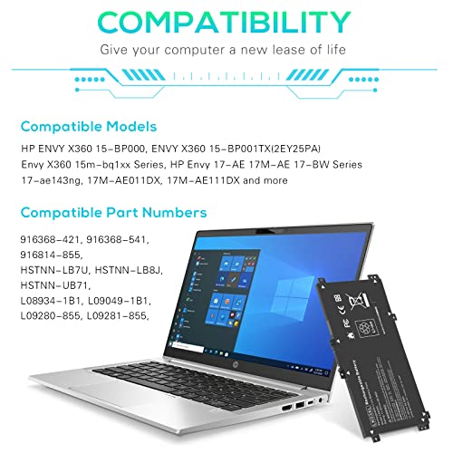 LK03XL Battery for HP Envy X360 Convertible 17m-ae0xx 17-bw 17m-ae111dx 15m-bp1xx 15m-cn0xxx 15-cn0xxx 15m-cp0xxx 15m-cn0012dx 15m-cn0011dx 15m-bq021dx 15m-bp112dx 916368-421 l09281-855 916814-855 - size: LK03XL 8.94*4.96*0.71 in