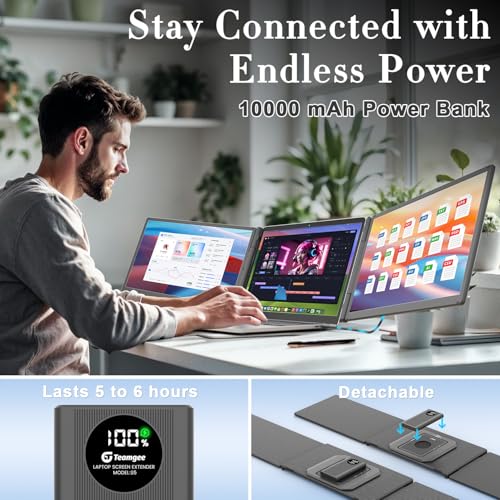 Teamgee 15.6" Triple Laptop Screen Extender with Power Bank, FHD 1080P IPS | Triple Monitor, Fits 13-17" Laptops (Mac/Windows/Android), Ideal for Home Office/Small Business