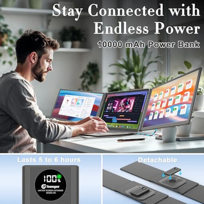 Teamgee 15.6" Triple Laptop Screen Extender with Power Bank, FHD 1080P IPS | Triple Monitor, Fits 13-17" Laptops (Mac/Windows/Android), Ideal for Home Office/Small Business