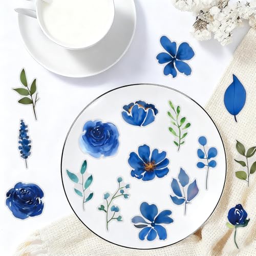 50pcs Pieces of Transparent Blue Inked Floral Sticker Sheets – Clear Waterproof Scrapbook Decals for Journaling, Diary, Collage, Laptop, Water Bottle, Planner(colourful-B15) - color: Colourful-b15