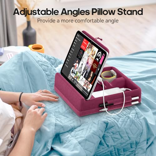KDD Tablet Pillow Stand with Storage, Foldable iPad Holder for Lap, Desk and Bed, Angle Adjustable Soft Pad Dock with Stylus Mount Compatible with iPad Pro, Air, mini, Book, Phone and Tablet (4-13") - color: Dark Purple